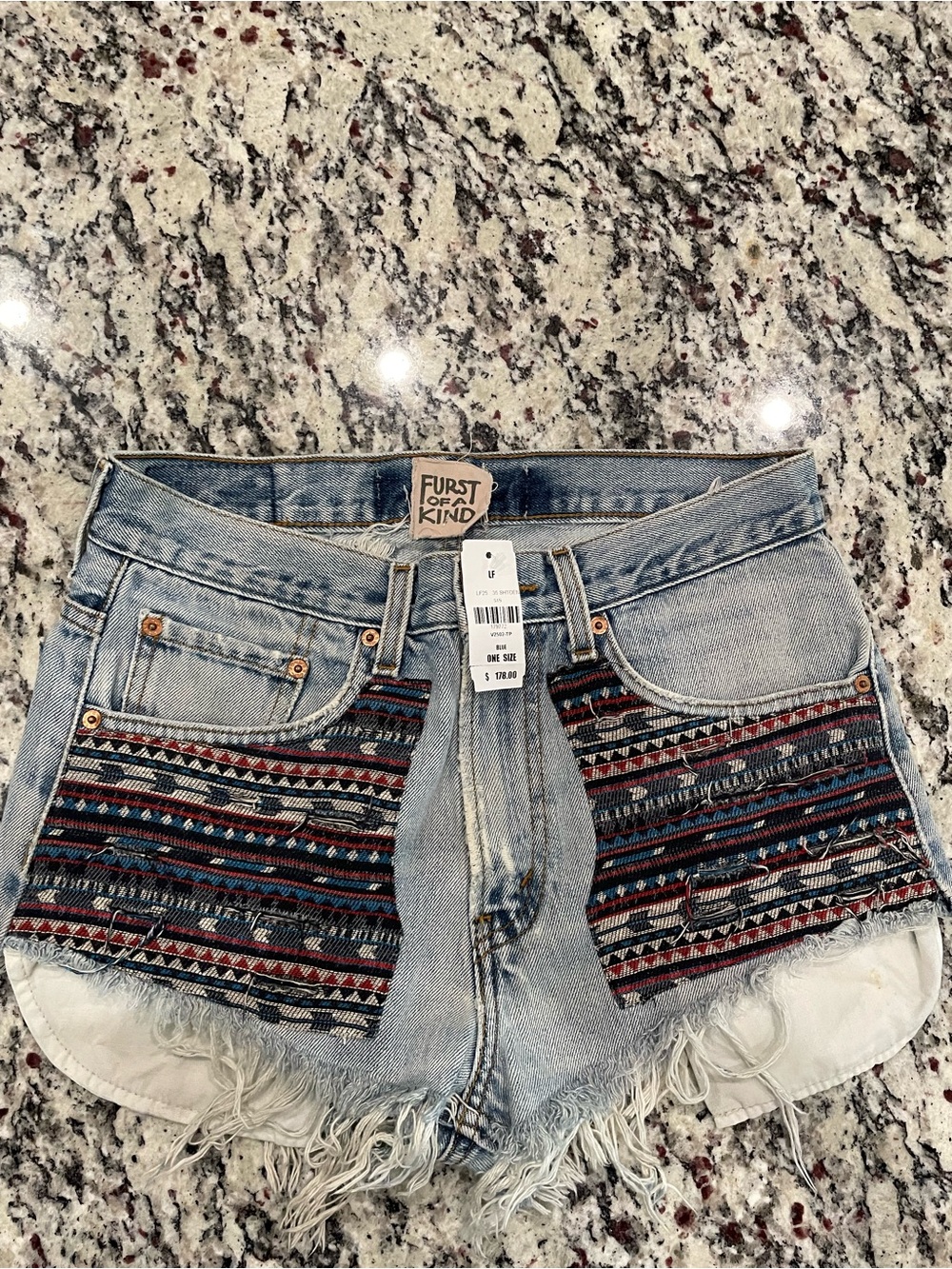 Light Blue Denim Shorts with Tribal Patch Panels